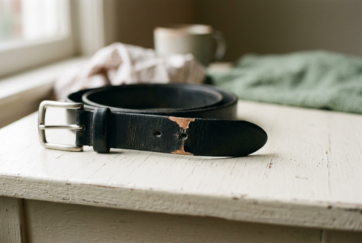 Close view of a black leather belt showing cracked edge paint beside the most-used hole.