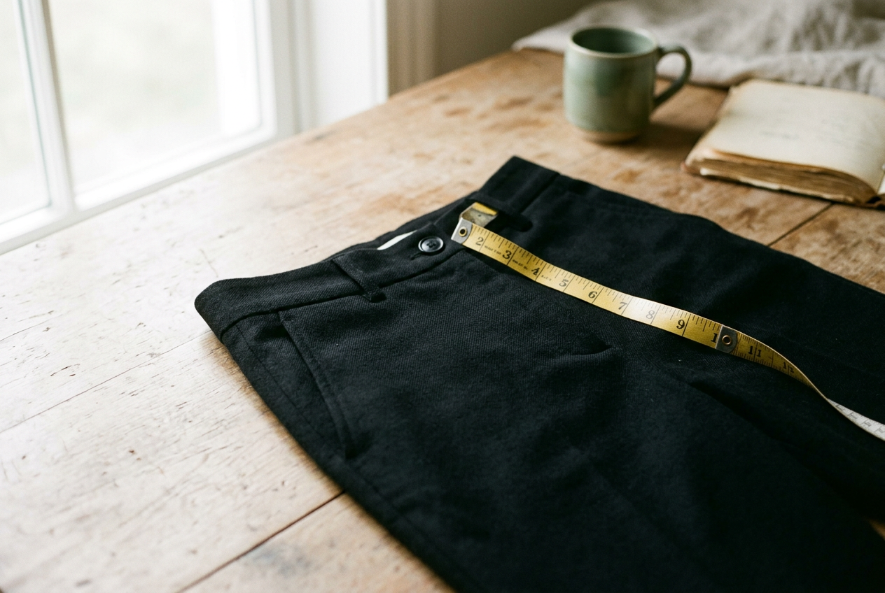 A tape measure laid across the waistband of black high-rise wool trousers on a table.