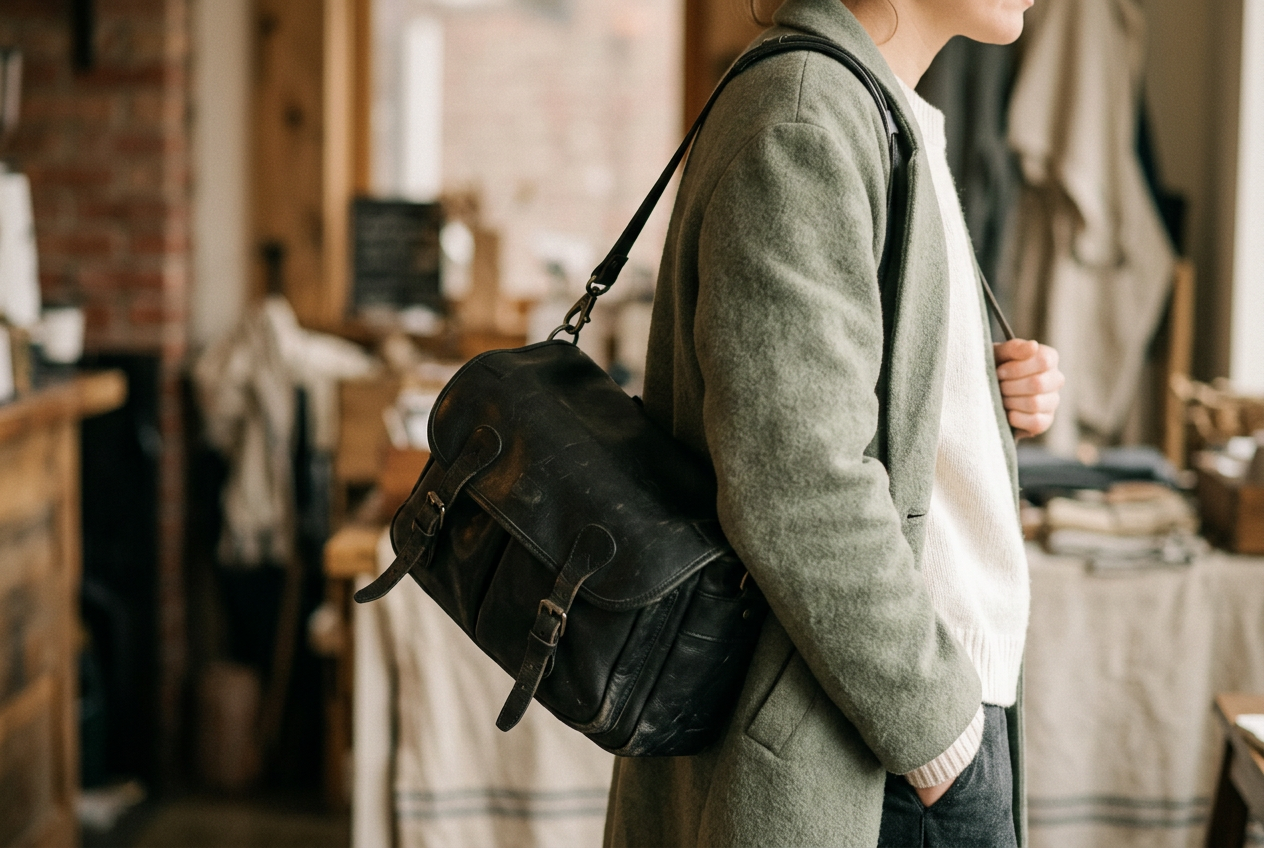 Black leather crossbody shown from the side with its loaded front panel tipping forward at the hip.