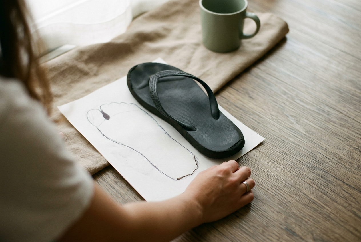 Black EVA flip-flop placed over a paper foot tracing, showing the toe post behind the marked toe gap.