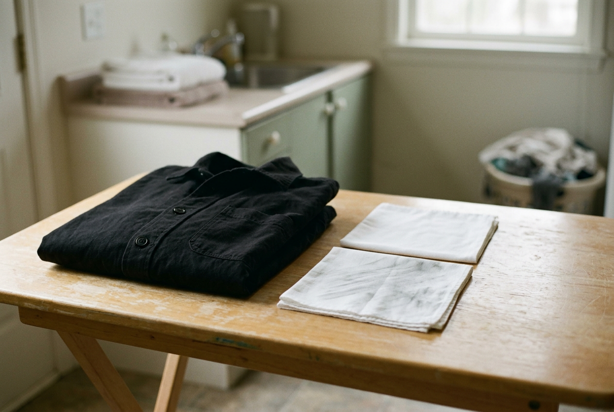Black cotton overshirt beside clean and dye-marked white cloths used to test color transfer.