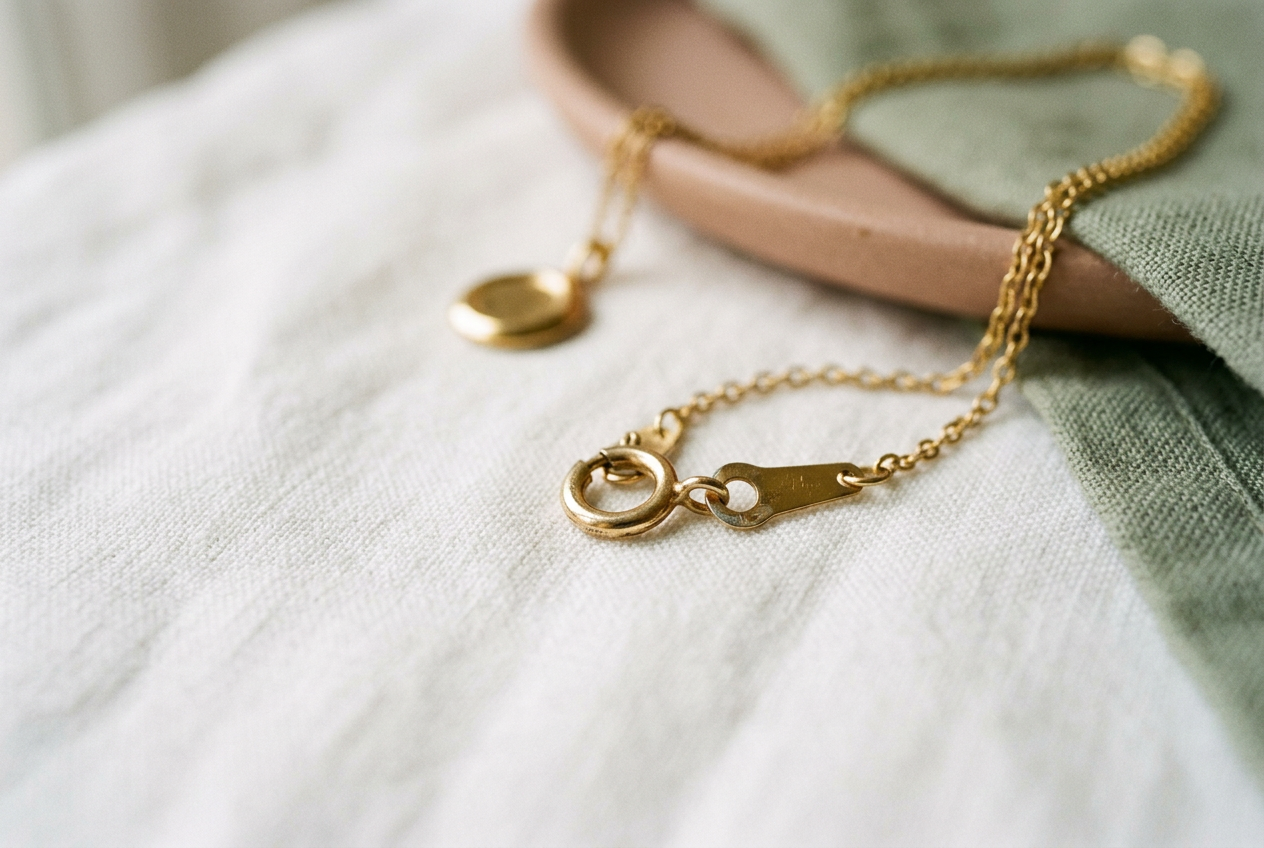 Close view of a gold-vermeil necklace showing its spring-ring clasp, jump ring, end tab, and pendant bail.