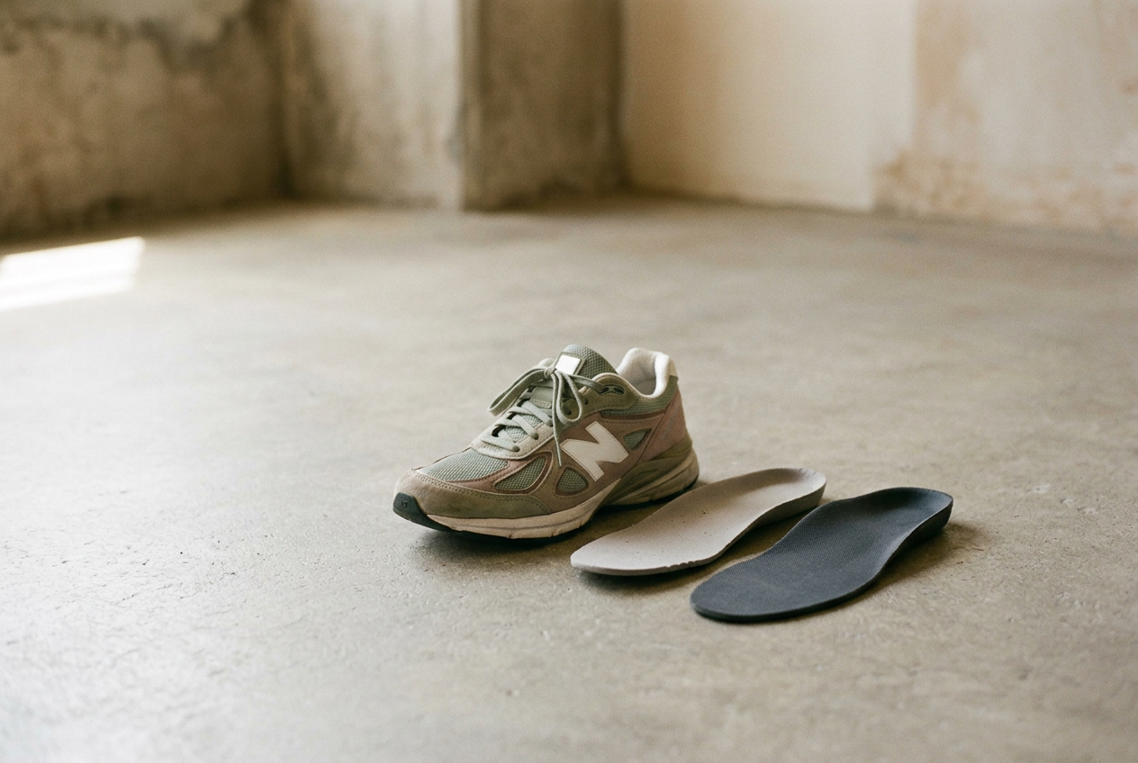 A removable sneaker sockliner and full-length orthotic placed beside a mesh-and-suede sneaker.