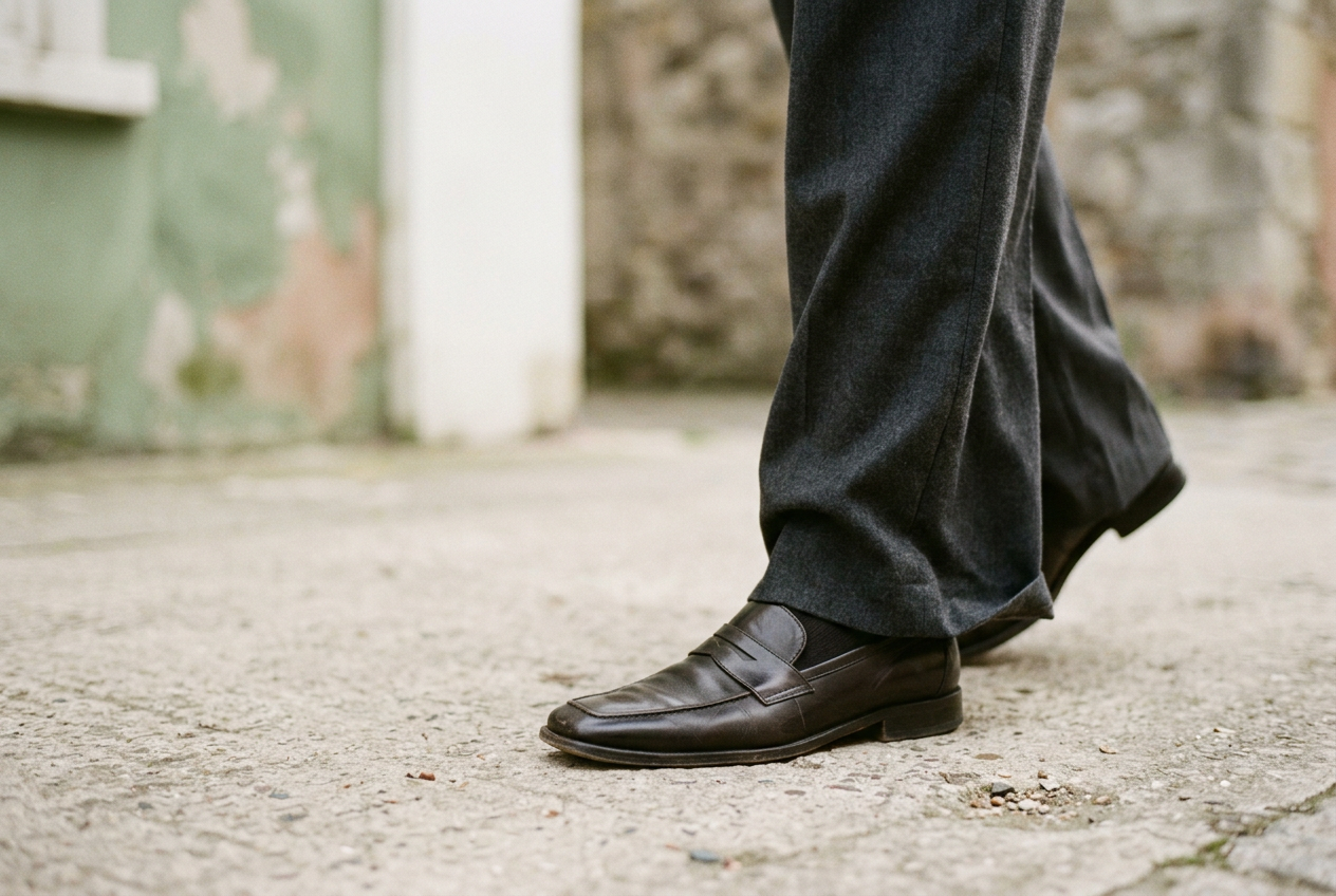 Wide charcoal trouser hems shown over a leather loafer, with one rear edge slipping beside the heel.