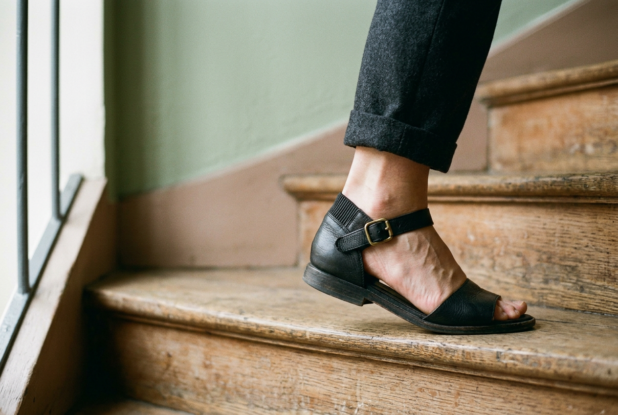 Close view of a black leather sandal buckle pressing the outer ankle as the wearer stands on a stair.