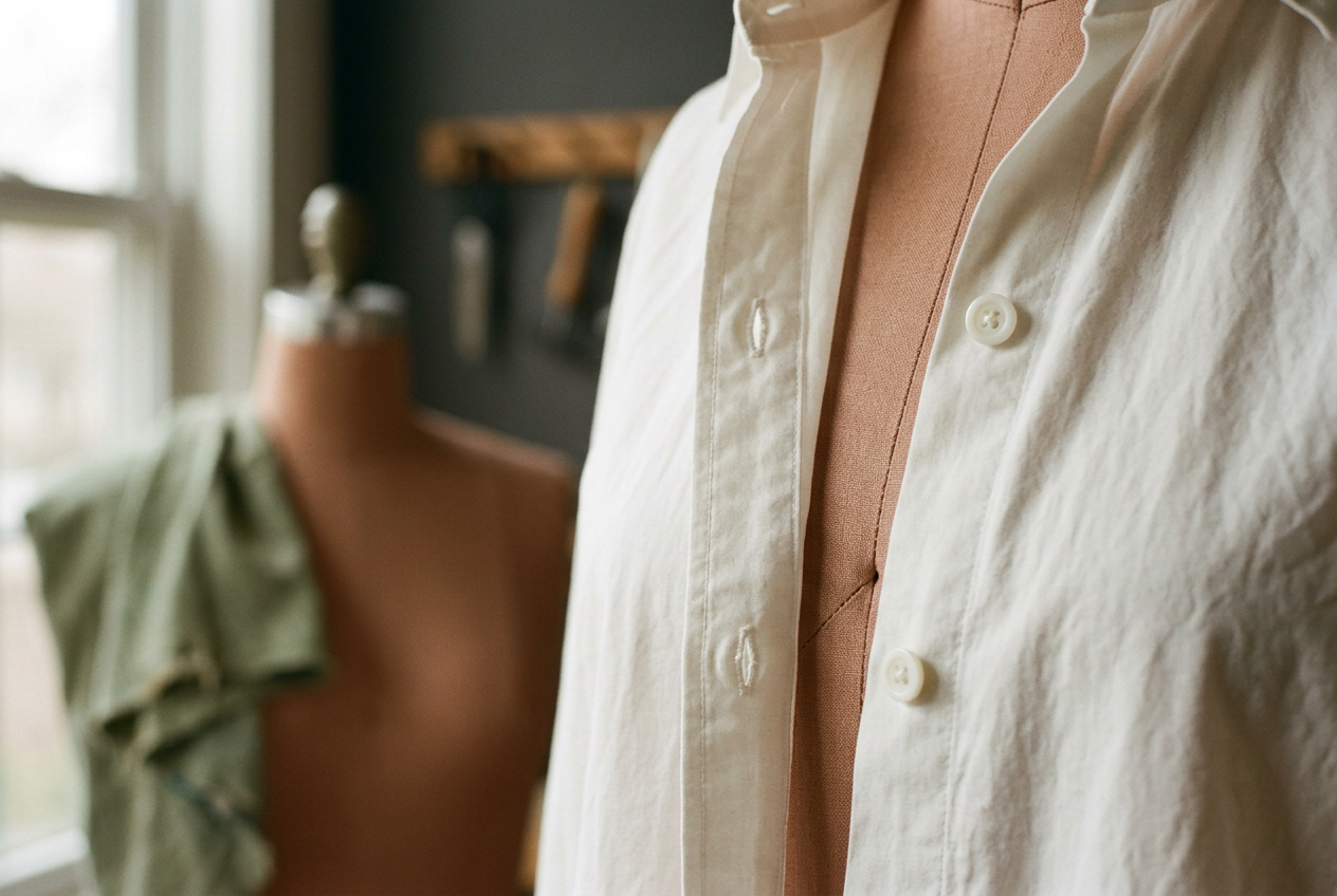 Close view of a white cotton-poplin shirt with a small gap between two chest buttons.