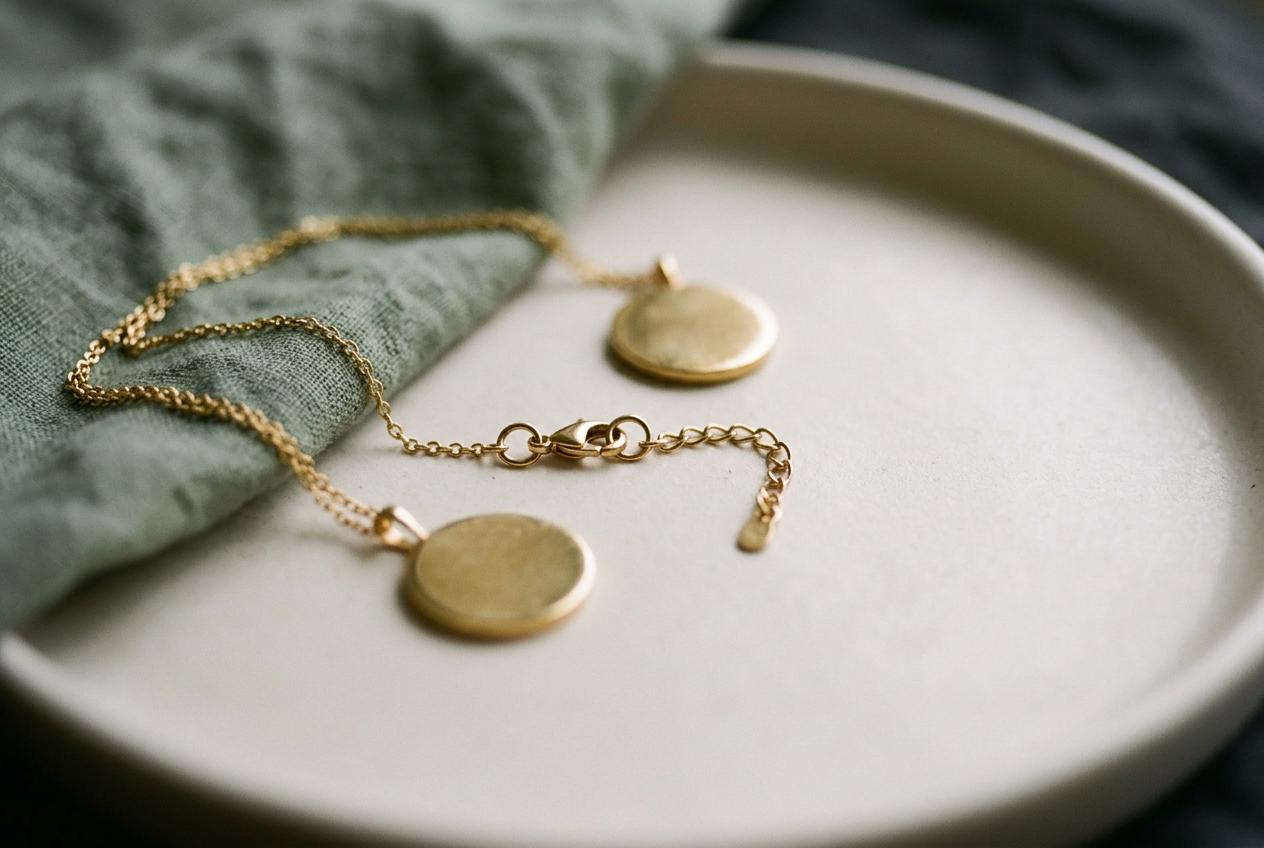 Close view of a gold-tone necklace clasp, jump rings, and extender resting against the back of a neck.