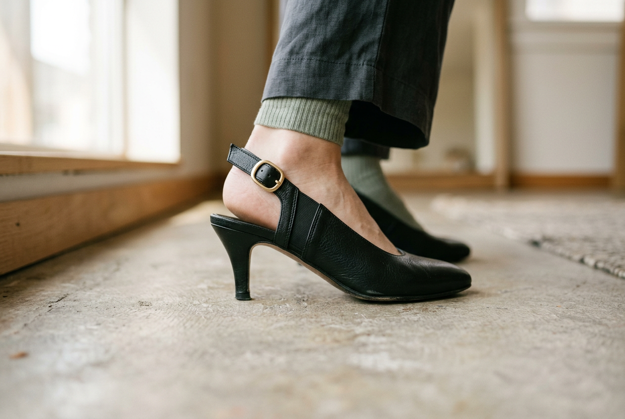 Close side view of a black leather slingback pump showing the strap angle, buckle and short elastic insert.