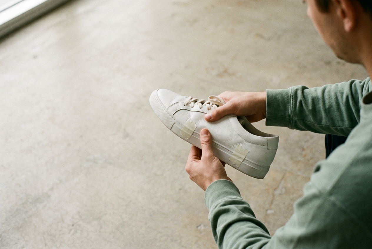 Hands bend a white leather sneaker at the forefoot beside tape marks showing the wearer’s ball line.