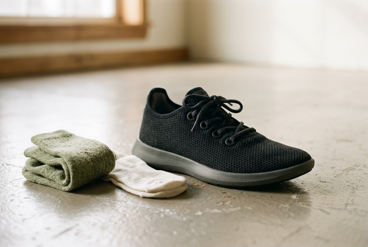 Black knit sneaker tied with a runner’s loop beside thin and medium-weight crew socks.