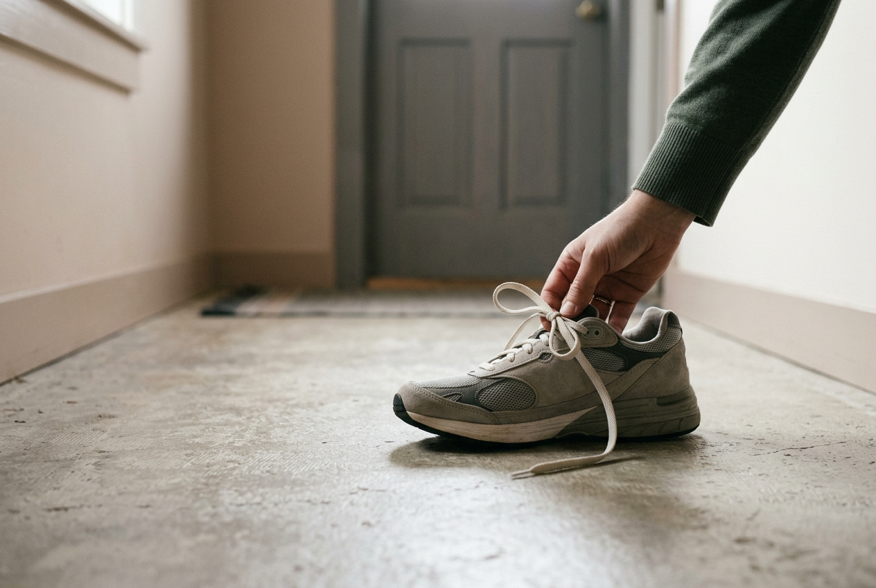 Close view of a mesh sneaker tied with a runner's loop, showing the padded tongue, top eyelets and heel collar.