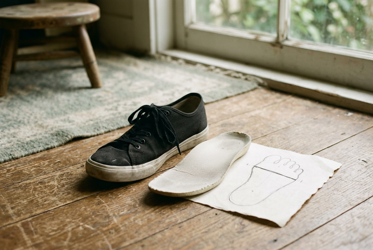 A black canvas sneaker beside a foot tracing marked across the big-toe and little-toe joints.