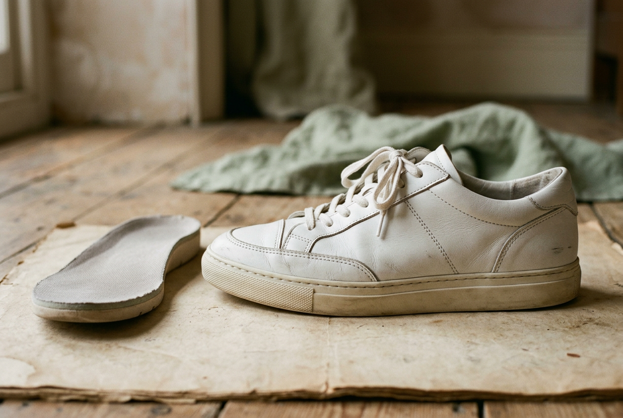 Side view of a white leather court sneaker with a stitched suede overlay crossing the toe box.
