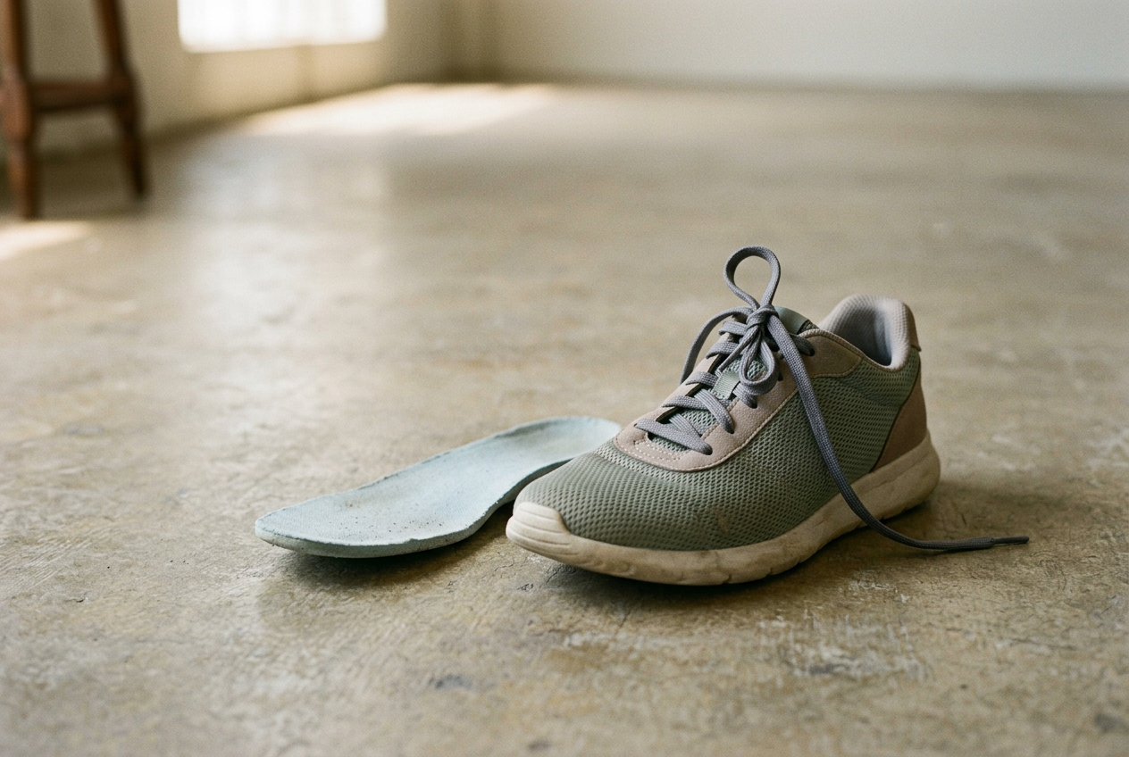 Close view of a mesh sneaker tied with a runner’s loop beside its removed foam insole.
