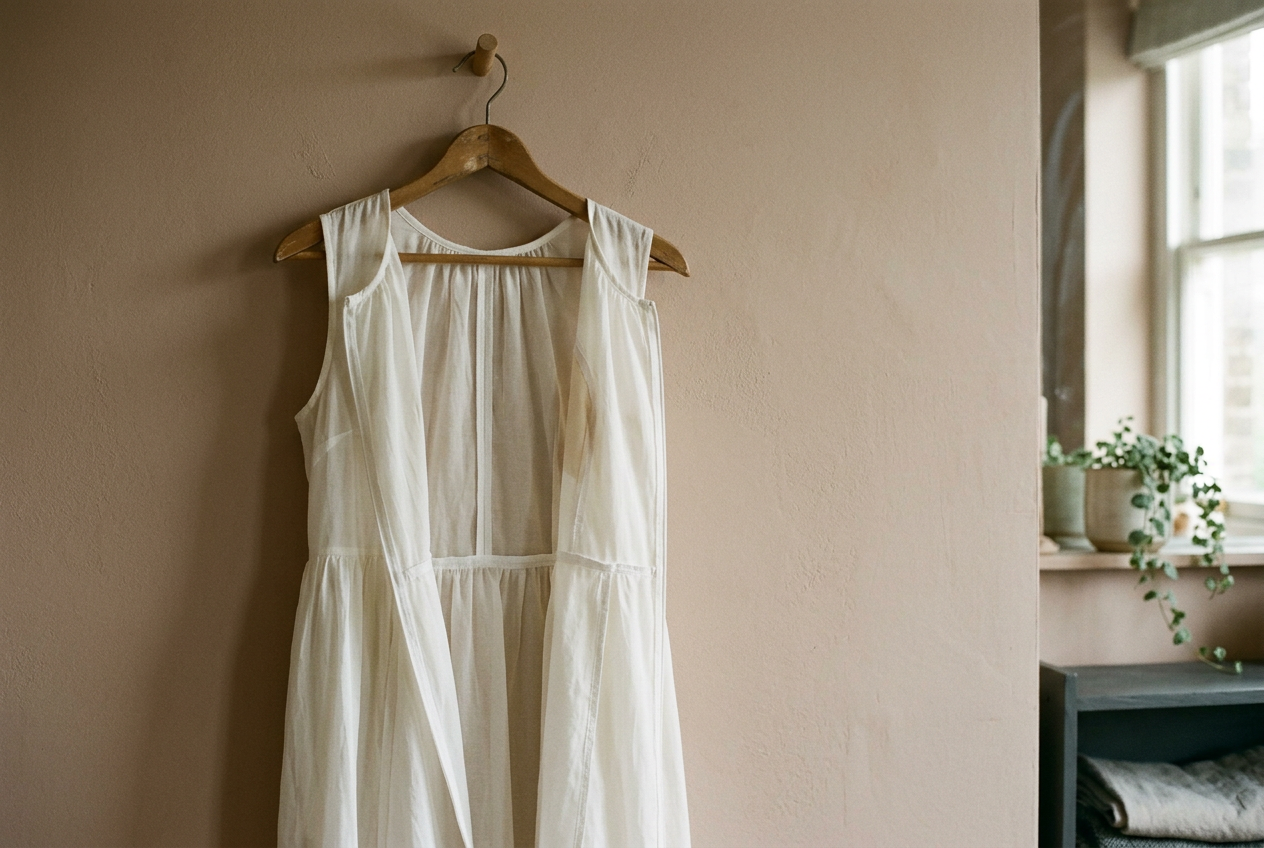 Ivory cotton voile midi turned partly inside out to show its bodice, French seams, and lightweight skirt lining.