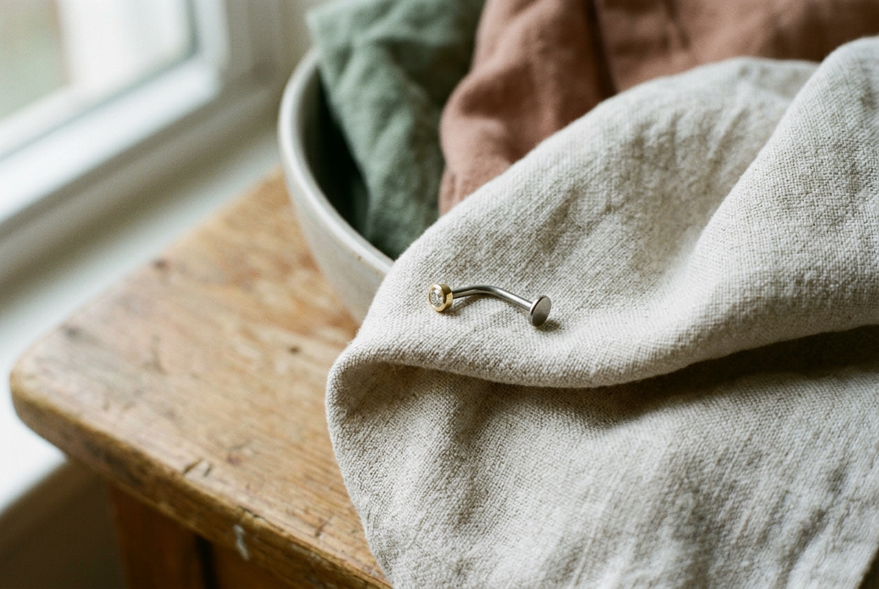 Close view of a curved threadless titanium earring pin beside its flat back post and bezel-set end.