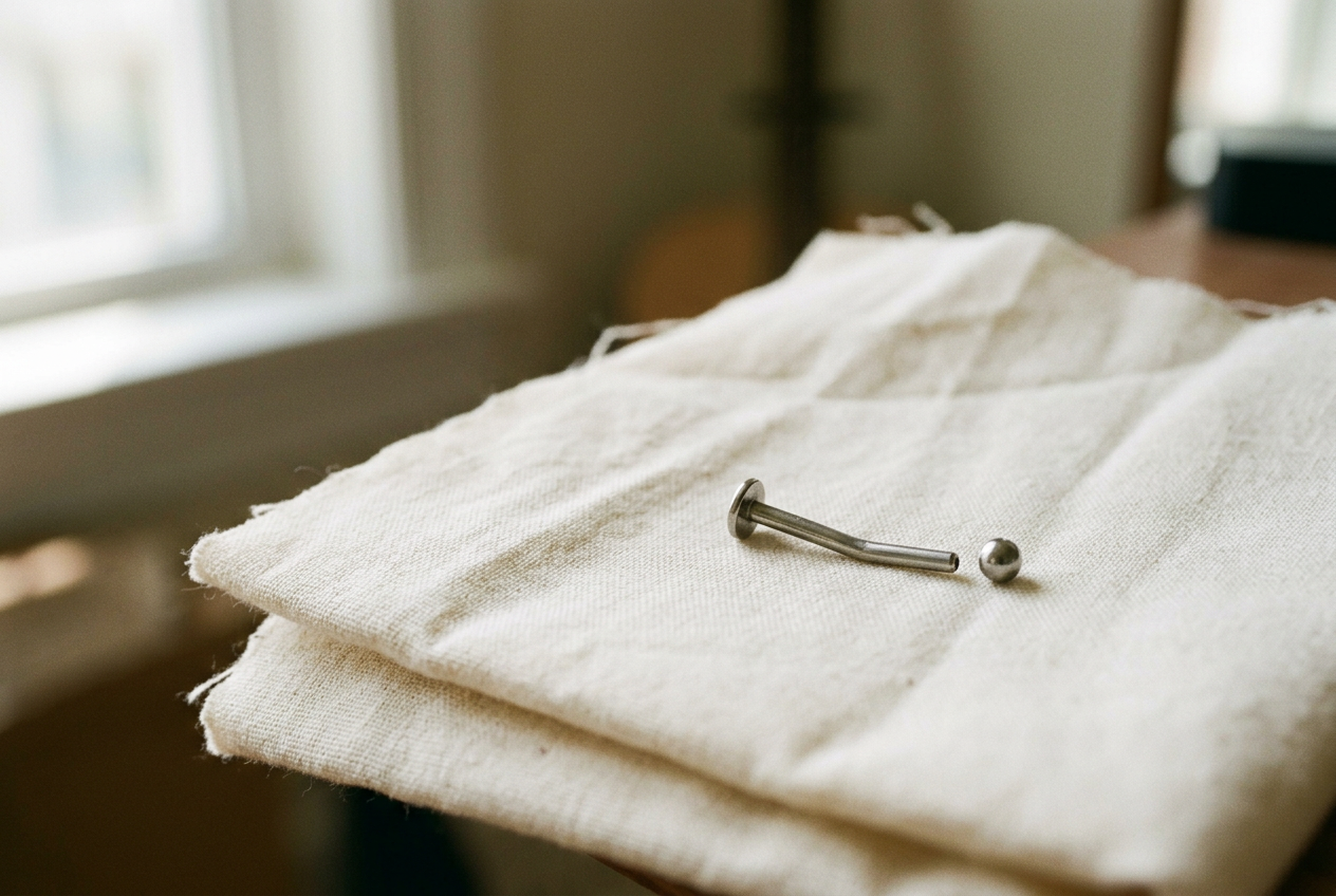 Close view of a titanium flat-back labret with its decorative end removed, showing a shallow bend in the threadless pin.
