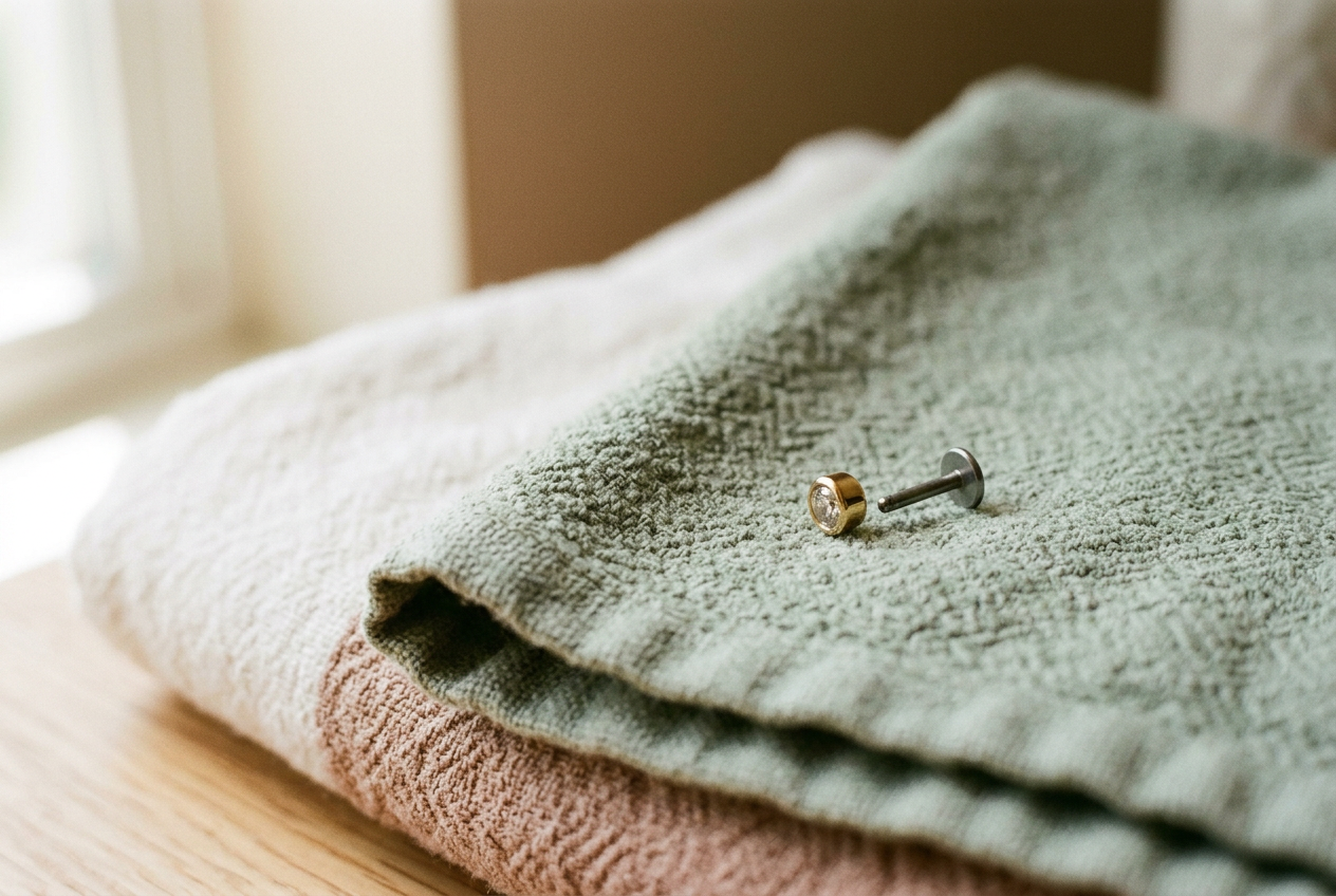 Small gold threadless earring top beside a titanium flat back post on a folded white towel.