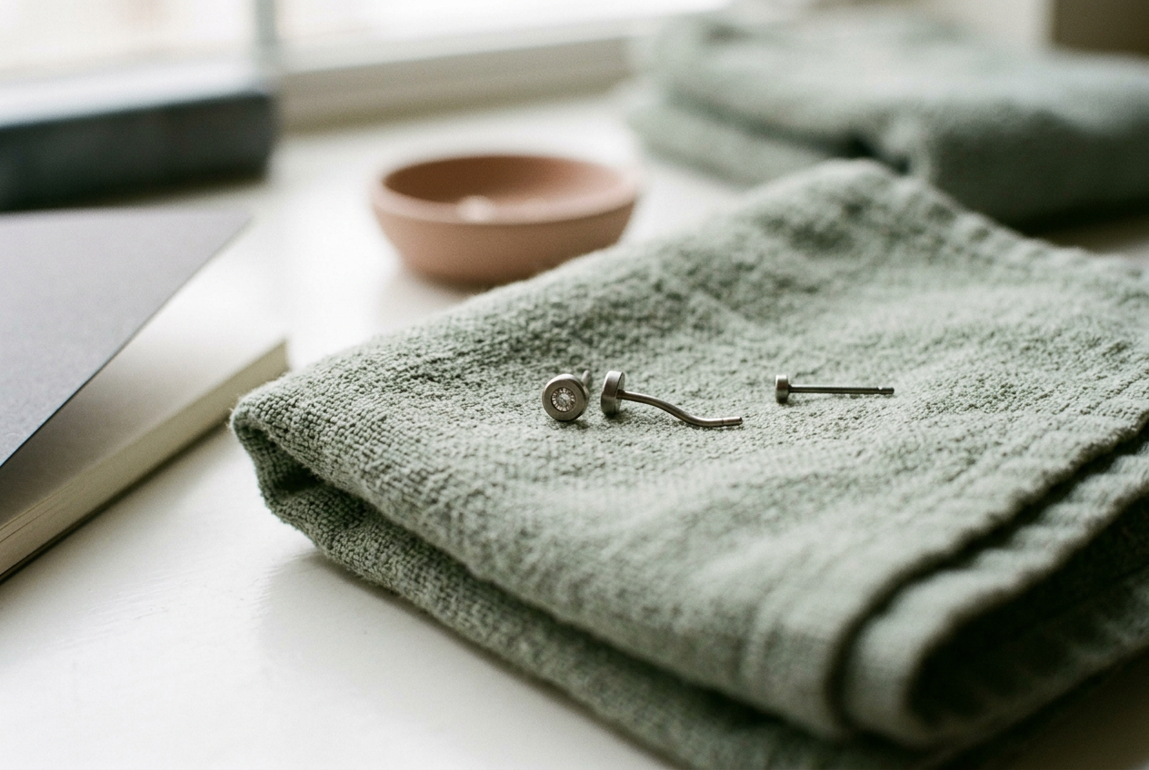 A 3 mm bezel-set threadless top beside two titanium flat-back posts on a folded white towel.