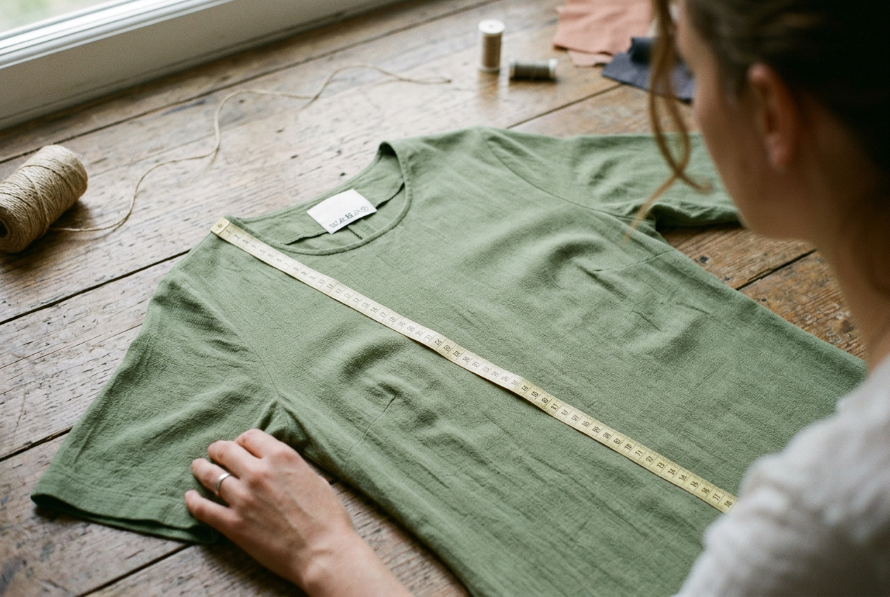 A viscose midi dress laid flat beside its dry-clean-only care label and a measuring tape.