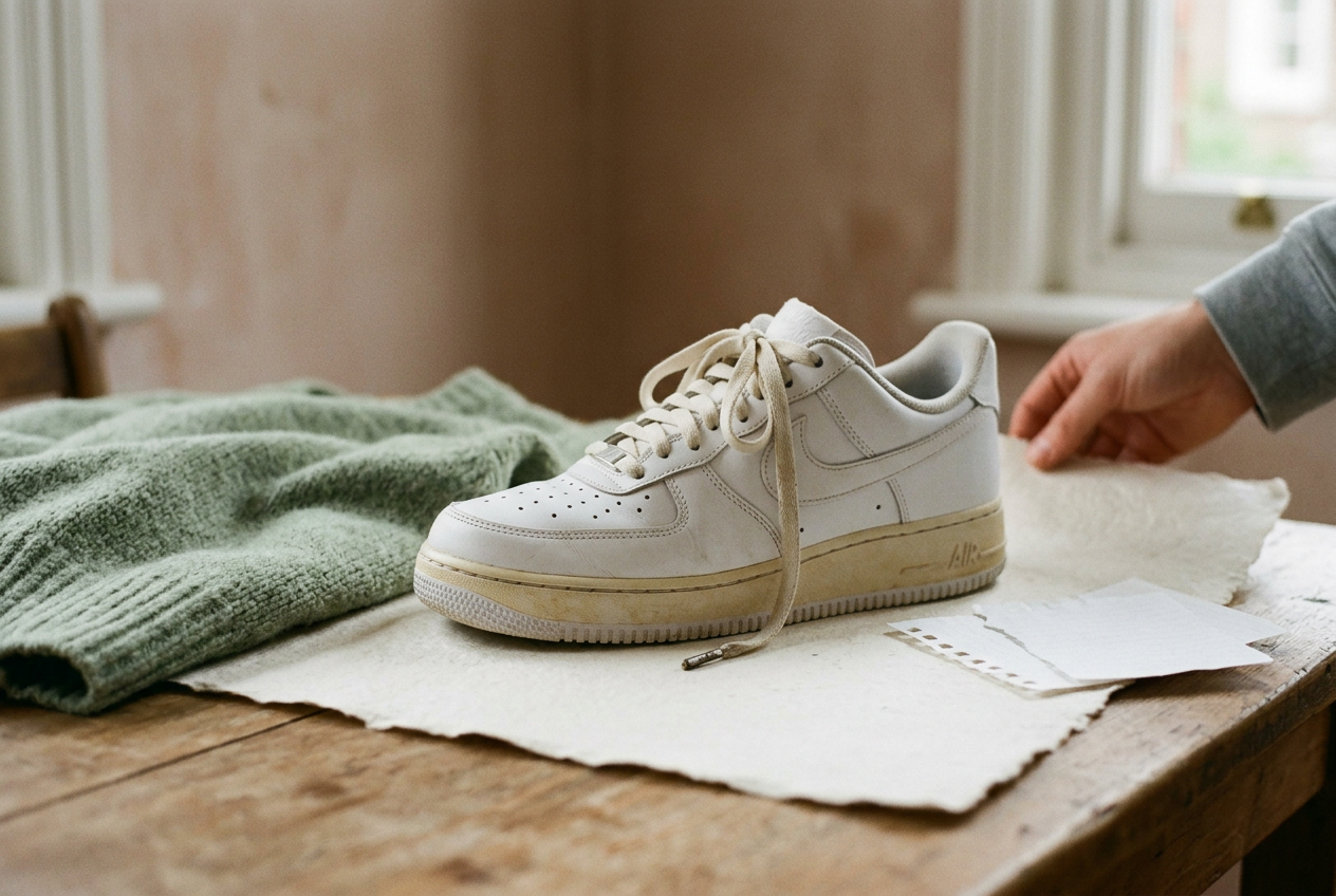 White leather sneakers beside a white paper sheet, showing clean cream midsoles and darker grime around one rubber edge.
